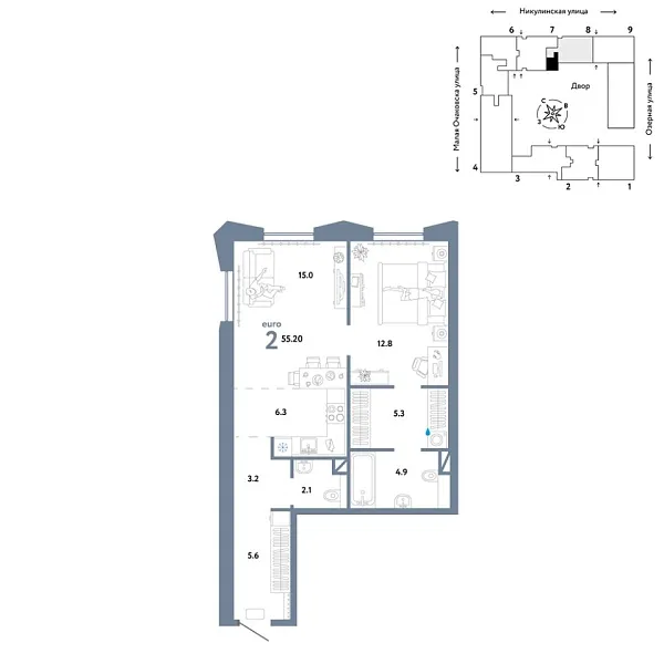 Новая 2-к квартира
 55.2 м² на 5/30 этаже в ЖК «Страна.Озёрная» в городе Тюмень 