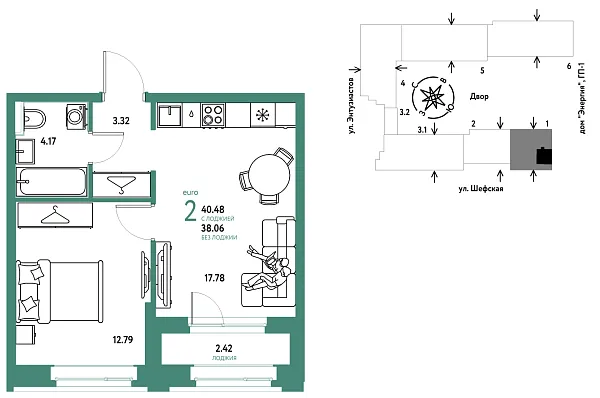 Новая 2-к квартира
 40.48 м² на 5/24 этаже в ЖК «Страна.Энтузиастов» в городе Тюмень 
