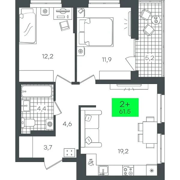 Новая 2-к квартира
 61.52 м² на 14/22 этаже в ЖК «Гранд Квартал» в городе Тюмень 