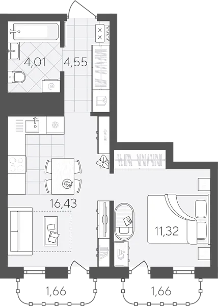 Новая 1-к квартира
 39.63 м² на 15/24 этаже в ЖК «Скандиа. Квартал в Слободе» в городе Тюмень 