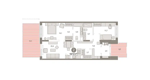 Новая 2-к квартира
 107.56 м² на 1/7 этаже в ЖК «Октябрьский на Туре» в городе Тюмень 