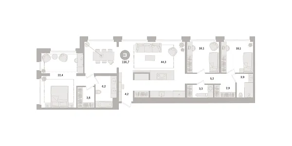 Новая 3-к квартира
 116.7 м² на 10/21 этаже в ЖК «Дом «А»» в городе Тюмень 