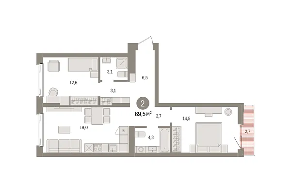 Новая 2-к квартира
 69.5 м² на 5/7 этаже в ЖК «Квартал «Траектория»» в городе Тюмень 