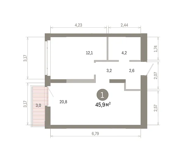 Количество комнат: 1,  45.87 кв.м.