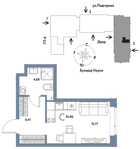 Новая квартира-студия
 24.86 м² на 2/16 этаже в ЖК «Авторский» в городе Тюмень 