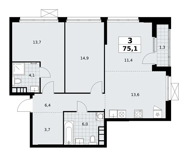 Новая 3-к квартира
 75.1 м² на 24/24 этаже в ЖК «Южные сады» в городе Тюмень 
