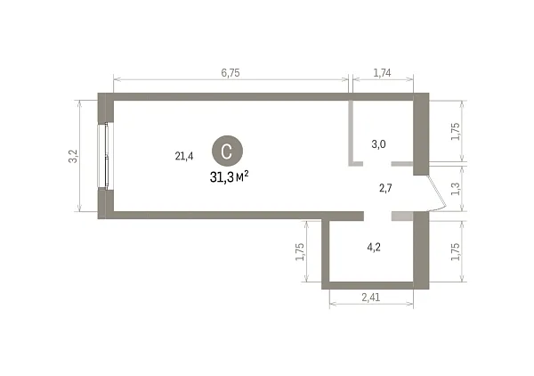 Количество комнат: Студия,  31.3 кв.м.