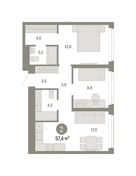Новая 2-к квартира
 57.4 м² на 11/18 этаже в ЖК «Республики 205» в городе Тюмень 
