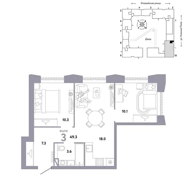 Новая 3-к квартира
 49.3 м² на 24/38 этаже в ЖК «Страна.Заречная» в городе Тюмень 