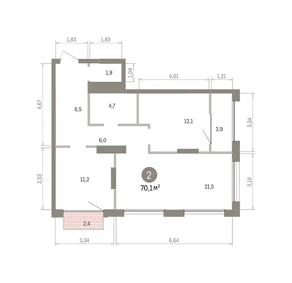 Количество комнат: 2,  70.09 кв.м.