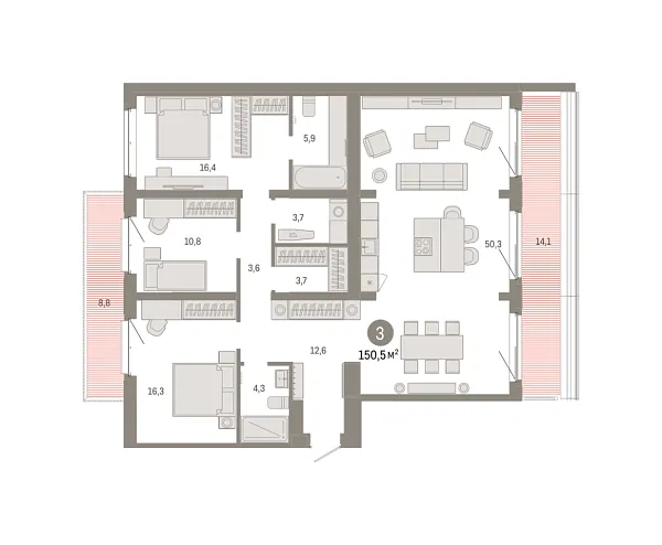 Новая 3-к квартира
 150.53 м² на 6/7 этаже в ЖК «Кварталы «На Минской»» в городе Тюмень 