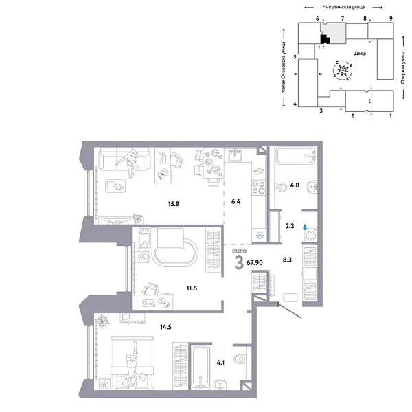 Новая 3-к квартира
 67.9 м² на 25/30 этаже в ЖК «Страна.Озёрная» в городе Тюмень 