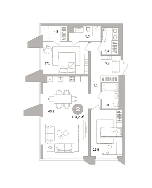 Новая 2-к квартира
 110.15 м² на 13/25 этаже в ЖК «Гоголя 21» в городе Тюмень 