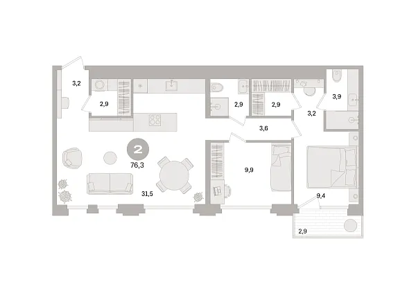 Новая 2-к квартира
 76.3 м² на 8/21 этаже в ЖК «Дом «А»» в городе Тюмень 