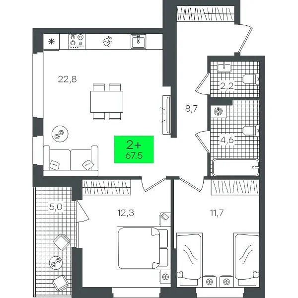 Количество комнат: 2,  67.56 кв.м.