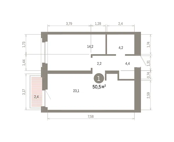 Количество комнат: 1,  50.46 кв.м.