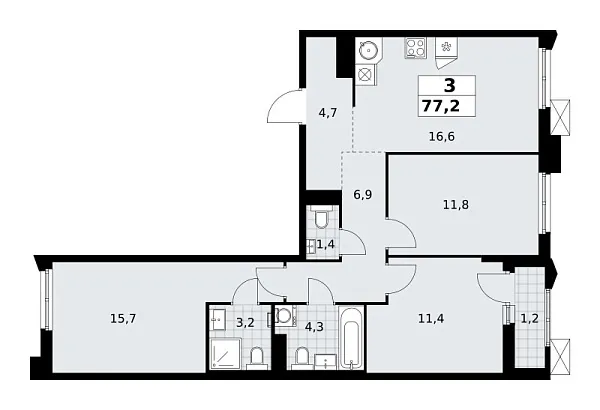 Новая 3-к квартира
 77.2 м² на 11/16 этаже в ЖК «Деснаречье» в городе Тюмень 