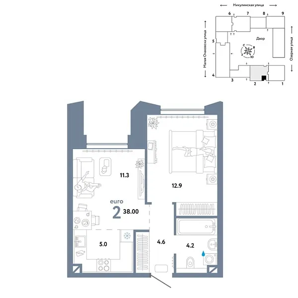 Новая 2-к квартира
 38 м² на 16/30 этаже в ЖК «Страна.Озёрная» в городе Тюмень 