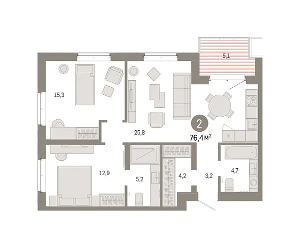 Новая 2-к квартира
 76.38 м² на 6/11 этаже в ЖК «Кварталы «На Минской»» в городе Тюмень 