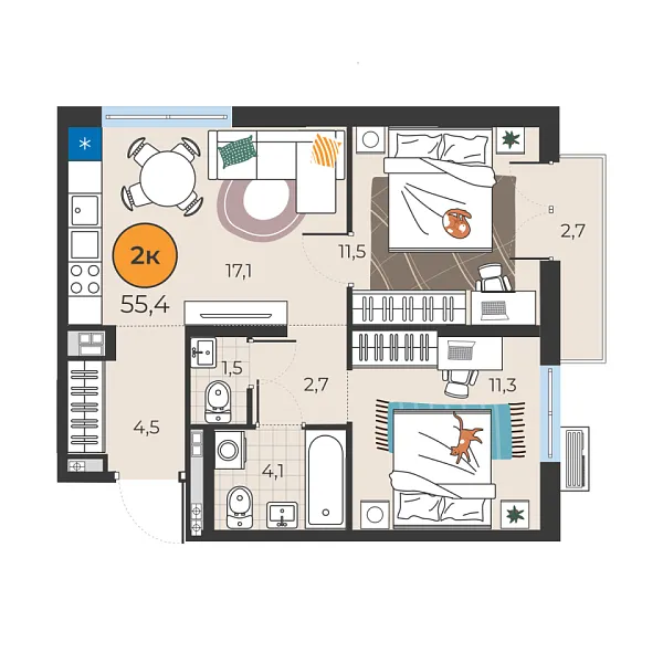 Новая 2-к квартира
 52.7 м² на 8/25 этаже в ЖК «Корней» в городе Тюмень 