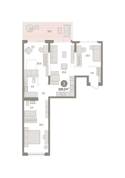 Новая 3-к квартира
 100.22 м² на 2/7 этаже в ЖК «Зарека» в городе Тюмень 
