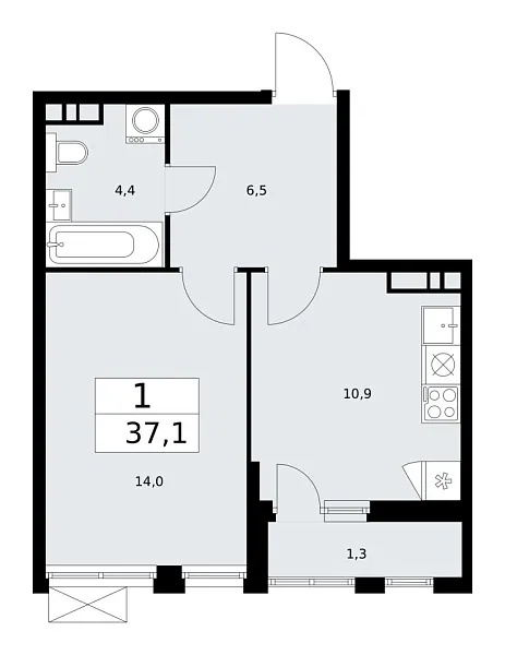Новая 1-к квартира
 37.1 м² на 9/18 этаже в ЖК «Бунинские кварталы» в городе Тюмень 