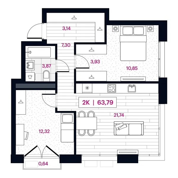 Новая 2-к квартира
 64.41 м² на 3/16 этаже в ЖК «Пушкина» в городе Тюмень 