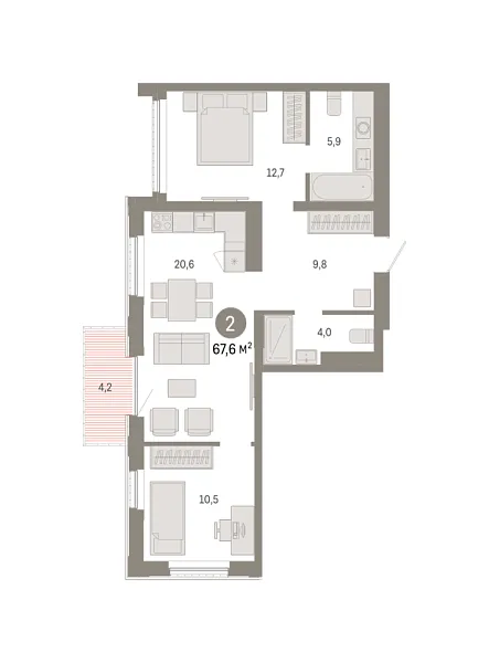 Новая 2-к квартира
 67.59 м² на 13/25 этаже в ЖК «Октябрьский на Туре» в городе Тюмень 