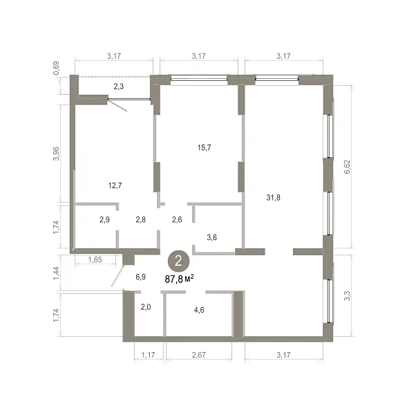 Количество комнат: 2,  87.81 кв.м.