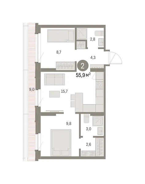 Новая 2-к квартира
 55.88 м² на 8/9 этаже в ЖК «Брусника в Академическом» в городе Тюмень 
