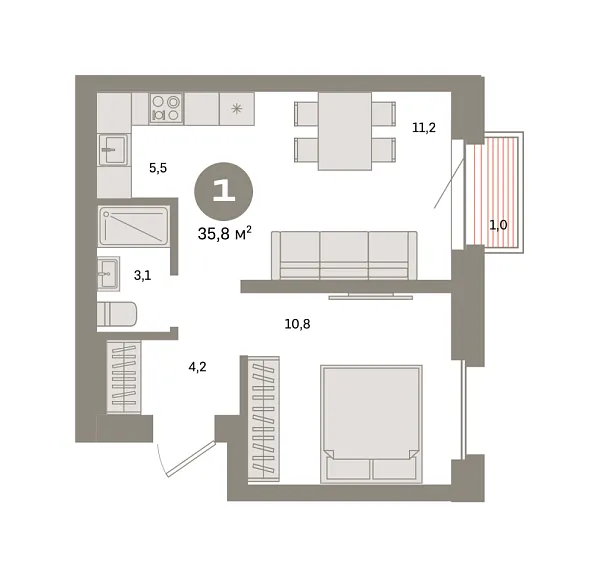 Новая 1-к квартира
 35.8 м² на 19/31 этаже в ЖК «Квартал «Метроном»» в городе Тюмень 