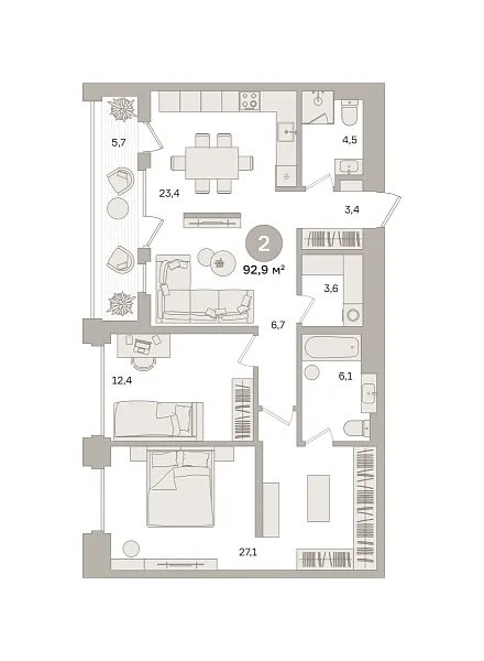 Количество комнат: 2,  92.9 кв.м.