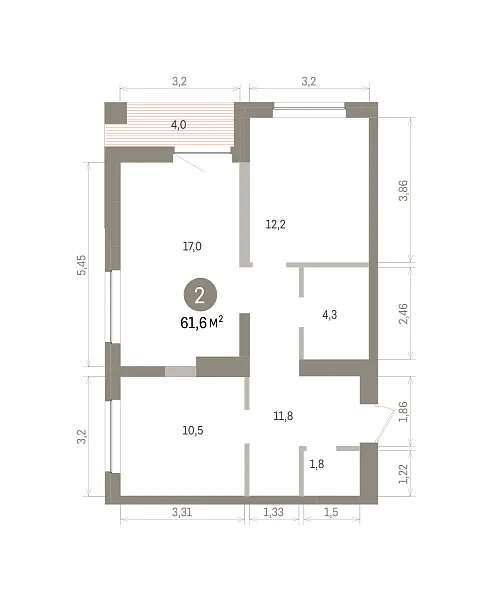 Количество комнат: 2,  61.6 кв.м.