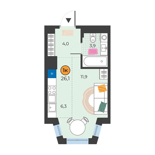 Новая квартира-студия
 26.1 м² на 13/25 этаже в ЖК «Корней» в городе Тюмень 