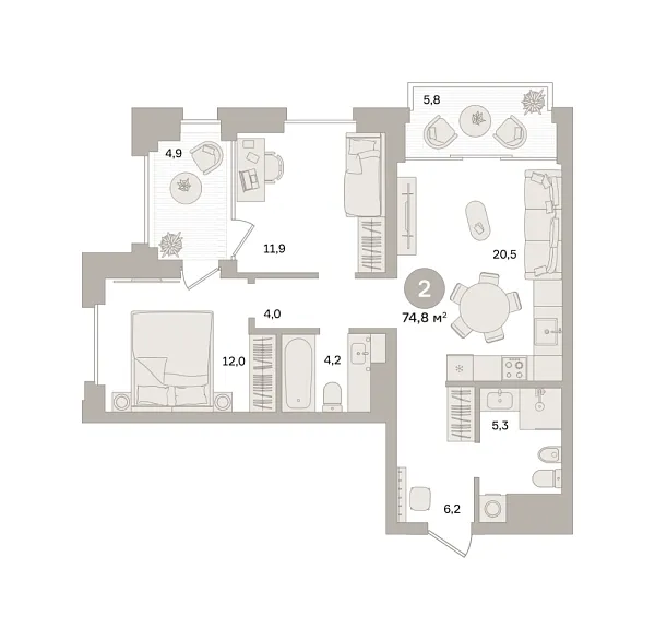 Новая 2-к квартира
 74.76 м² на 20/24 этаже в ЖК «Квартал «МОНС»» в городе Тюмень 