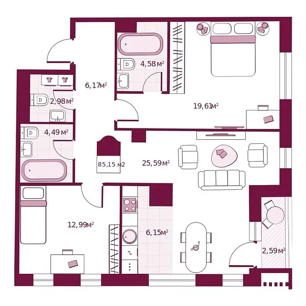 Новая 2-к квартира
 85.15 м² на 2/6 этаже в ЖК «Secret Place» в городе Тюмень 