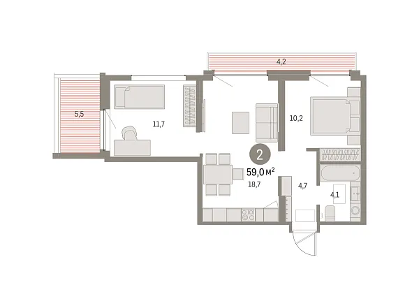 Новая 2-к квартира
 59 м² на 9/9 этаже в ЖК «Брусника в Академическом» в городе Тюмень 