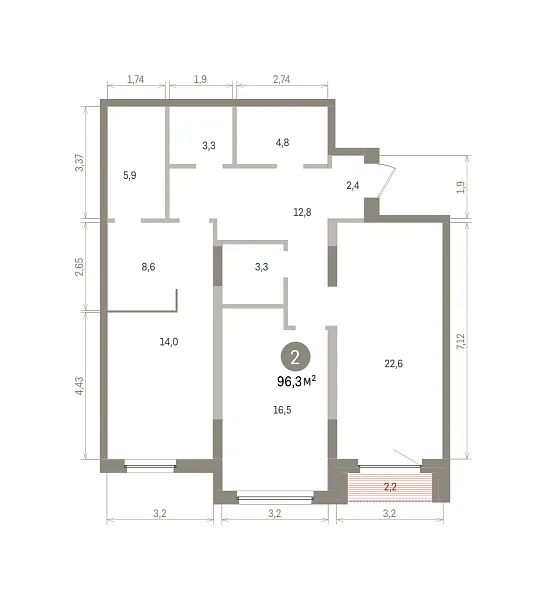 Количество комнат: 2,  96.27 кв.м.