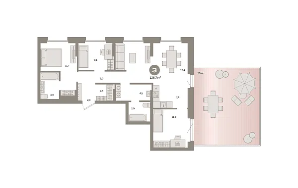 Новая 3-к квартира
 126.7 м² на 2/9 этаже в ЖК «Квартал «Метроном»» в городе Тюмень 
