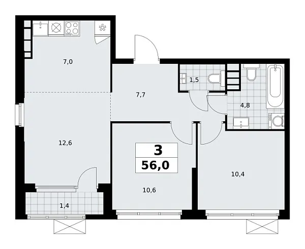 Новая 3-к квартира
 56 м² на 28/30 этаже в ЖК «Южные сады» в городе Тюмень 