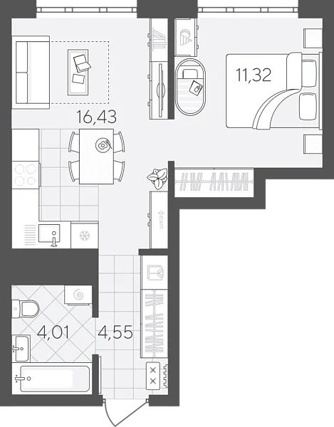 Новая 1-к квартира
 36.31 м² на 10/24 этаже в ЖК «Скандиа. Квартал в Слободе» в городе Тюмень 