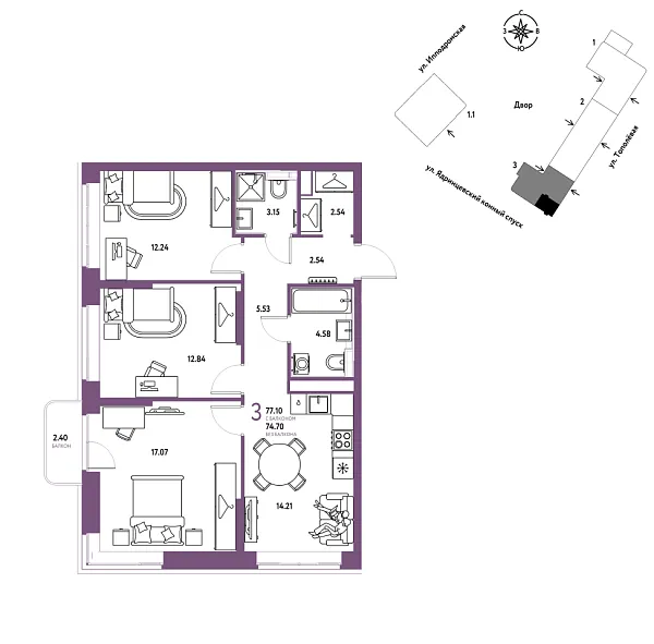 Новая 3-к квартира
 77.1 м² на 6/9 этаже в ЖК «Страна.Тополёвая» в городе Тюмень 