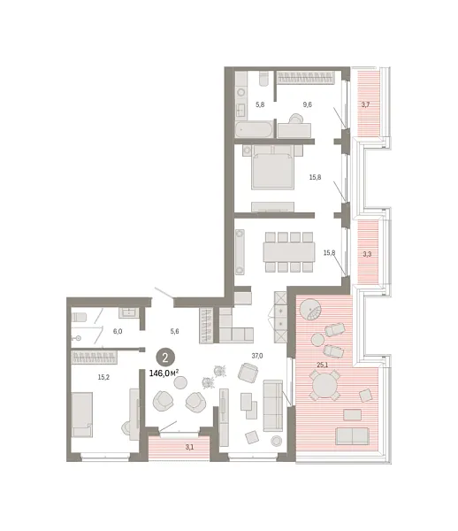 Новая 2-к квартира
 146.03 м² на 6/7 этаже в ЖК «Кварталы «На Минской»» в городе Тюмень 