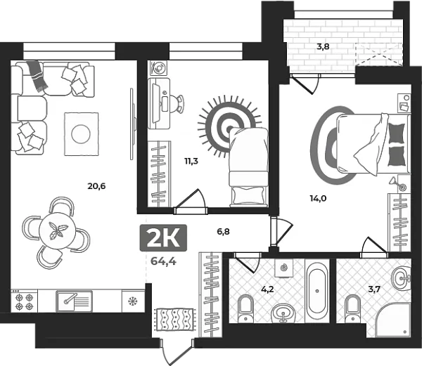 Новая 2-к квартира
 60.9 м² на 9/23 этаже в ЖК «Маэстро» в городе Тюмень 
