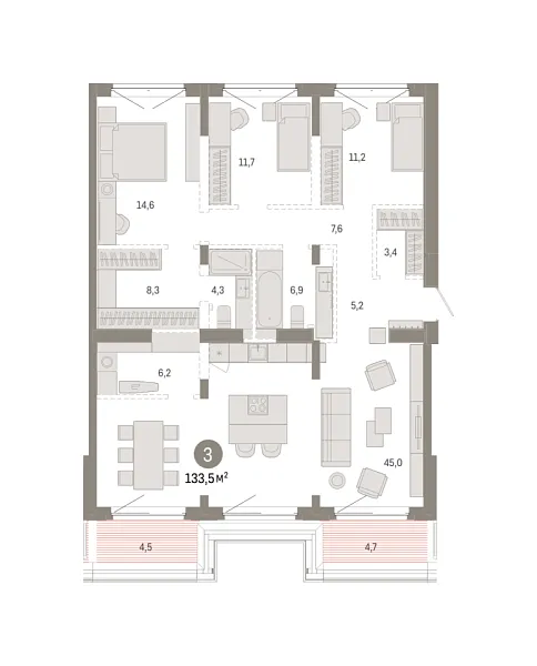 Новая 3-к квартира
 133.46 м² на 7/7 этаже в ЖК «Кварталы «На Минской»» в городе Тюмень 