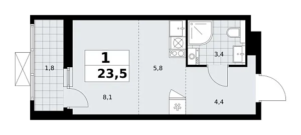 Новая 1-к квартира
 23.5 м² на 18/19 этаже в ЖК «Бунинские кварталы» в городе Тюмень 