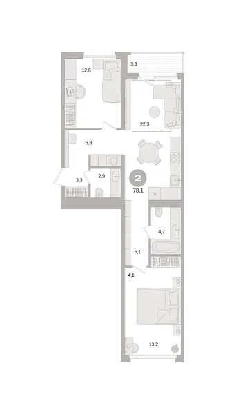 Новая 2-к квартира
 78.1 м² на 6/21 этаже в ЖК «Дом «А»» в городе Тюмень 