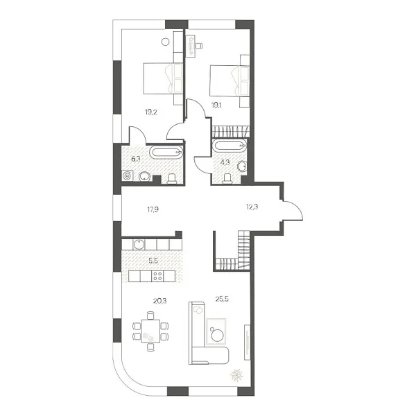 Новая 3-к квартира
 128.8 м² на 3/12 этаже в ЖК «White House» в городе Тюмень 