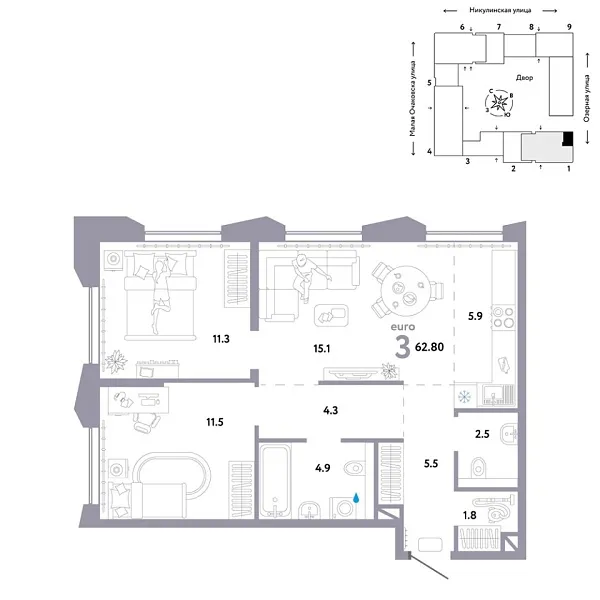 Новая 3-к квартира
 62.8 м² на 30/30 этаже в ЖК «Страна.Озёрная» в городе Тюмень 