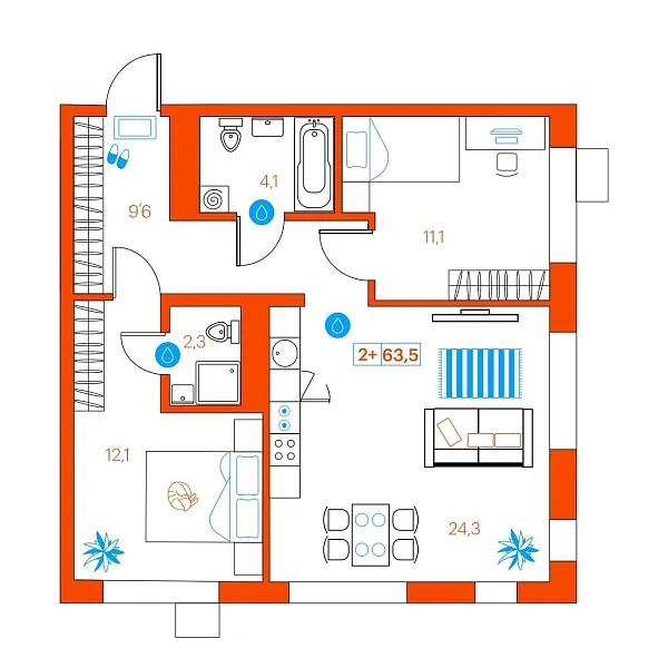 Количество комнат: 2,  63.4 кв.м.